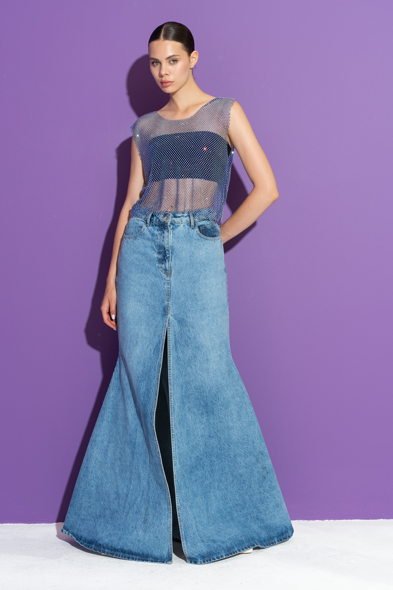 Wholesale Blue Split-Front Denim Maxi Skirt
