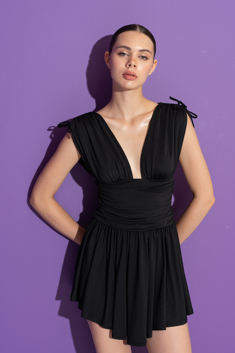 Wholesale Black Plunging Ruched Mini Dress
