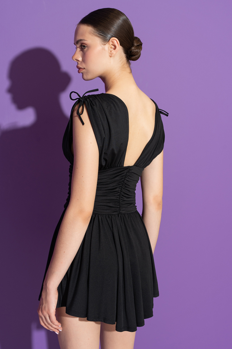Black Plunging Ruched Mini Dress