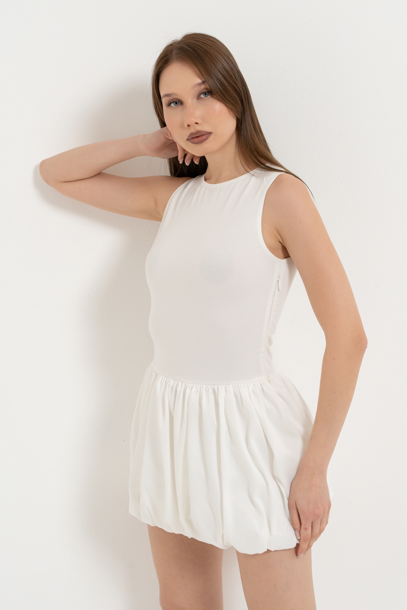Offwhite Mini Dress with Satin Balloon Skirt