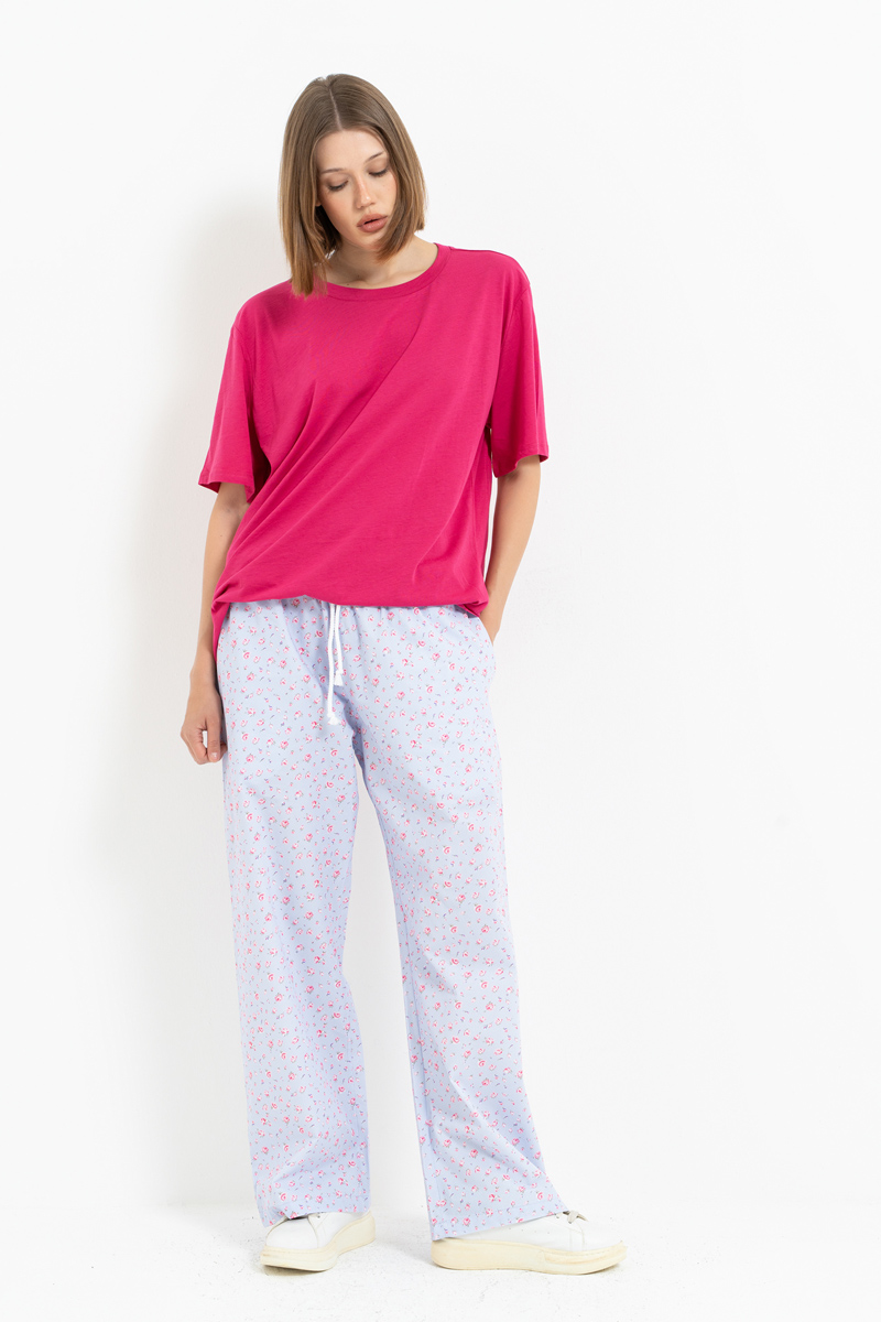 BLUE-PİNK-SMALL.FLOWER Elasticated-Waist Printed Pyjama Bottoms