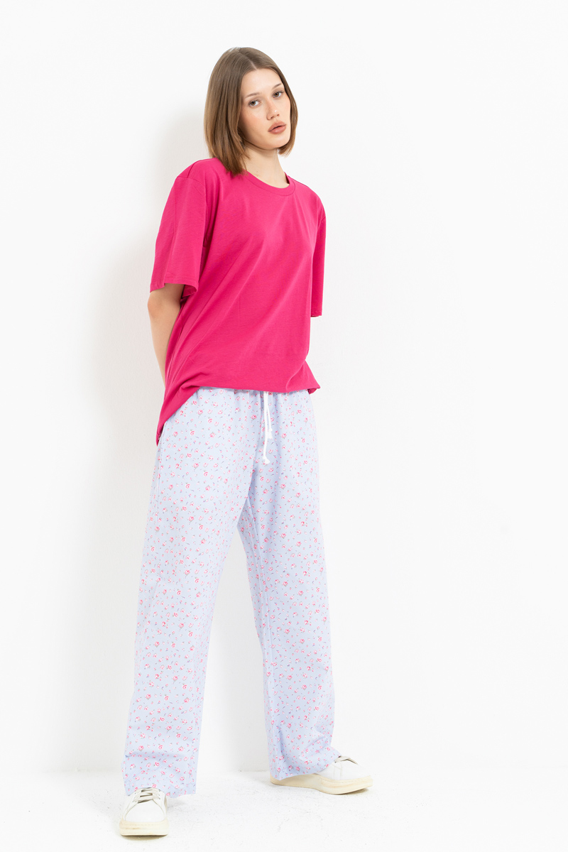 BLUE-PİNK-SMALL.FLOWER Elasticated-Waist Printed Pyjama Bottoms