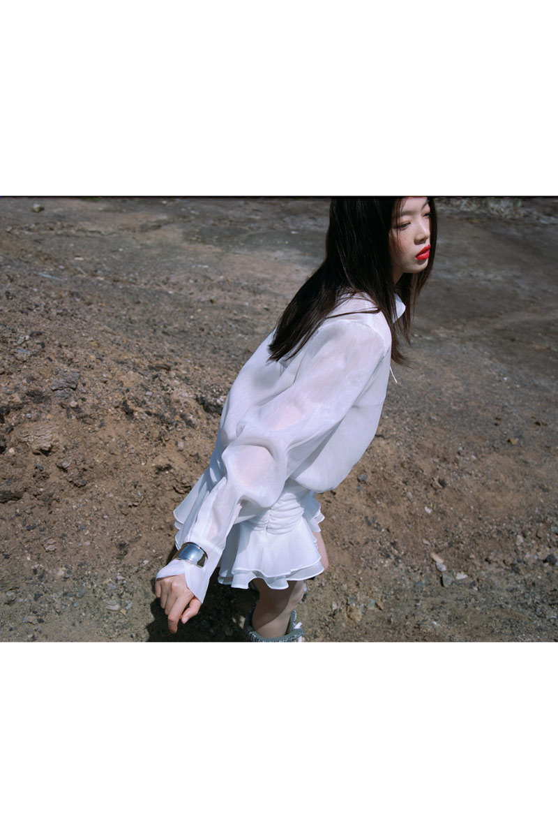 Offwhite Shirt-Collar Organza Mini Dress