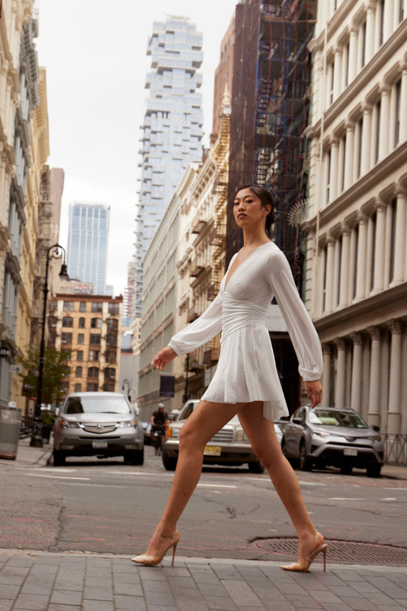 V Neck Gathered Mini Offwhite Dress