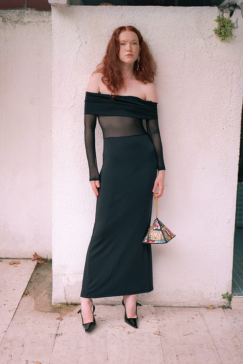 Black Off-the-Shoulder Mesh-Insert Maxi Dress