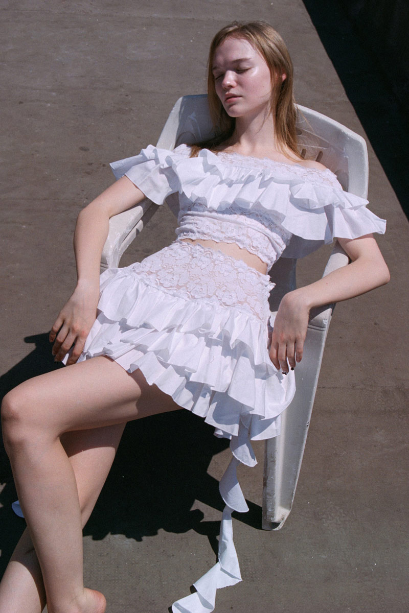 Offwhite Off-the-Shoulder Lace Crop Top & Skirt Set