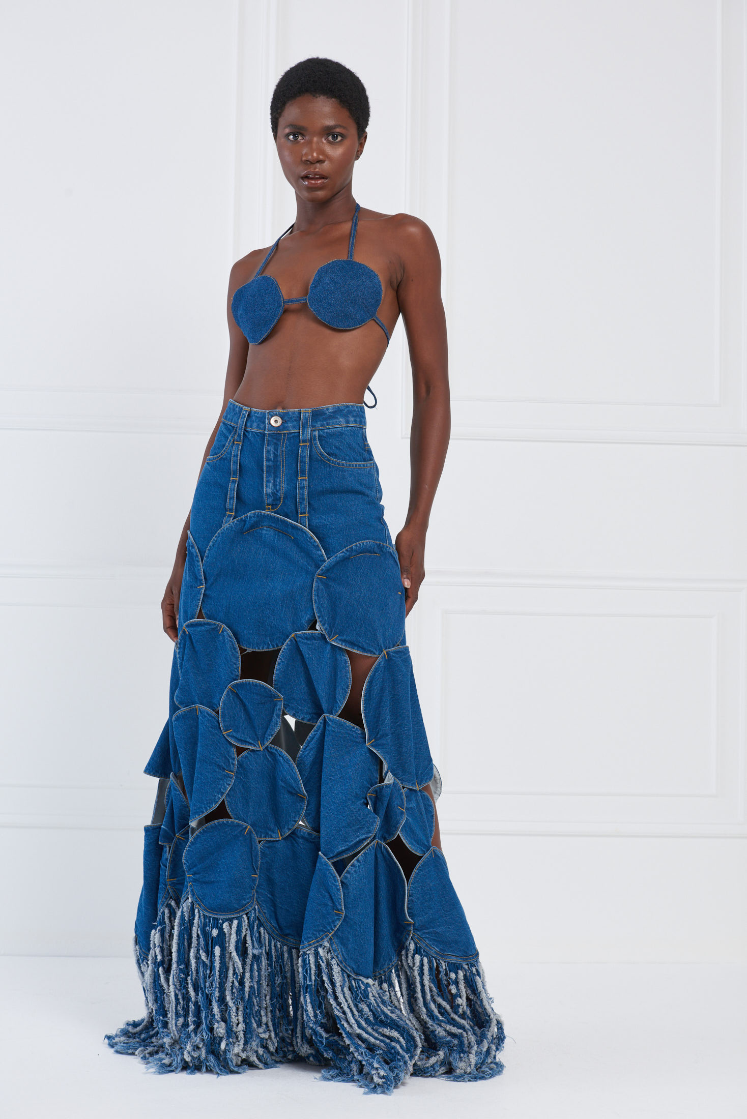 Designer Blue Denim Maxi Skirt